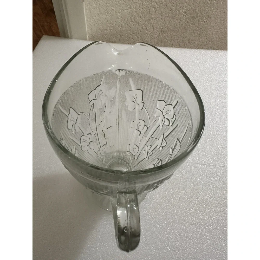 Vtg Clear Depression Glass Jeanette Iris & Herringbone Pitcher & 4 Tall Glasses
